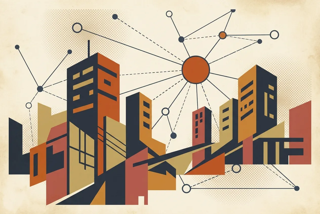 Abstract skyline of office buildings linked by a network of nodes