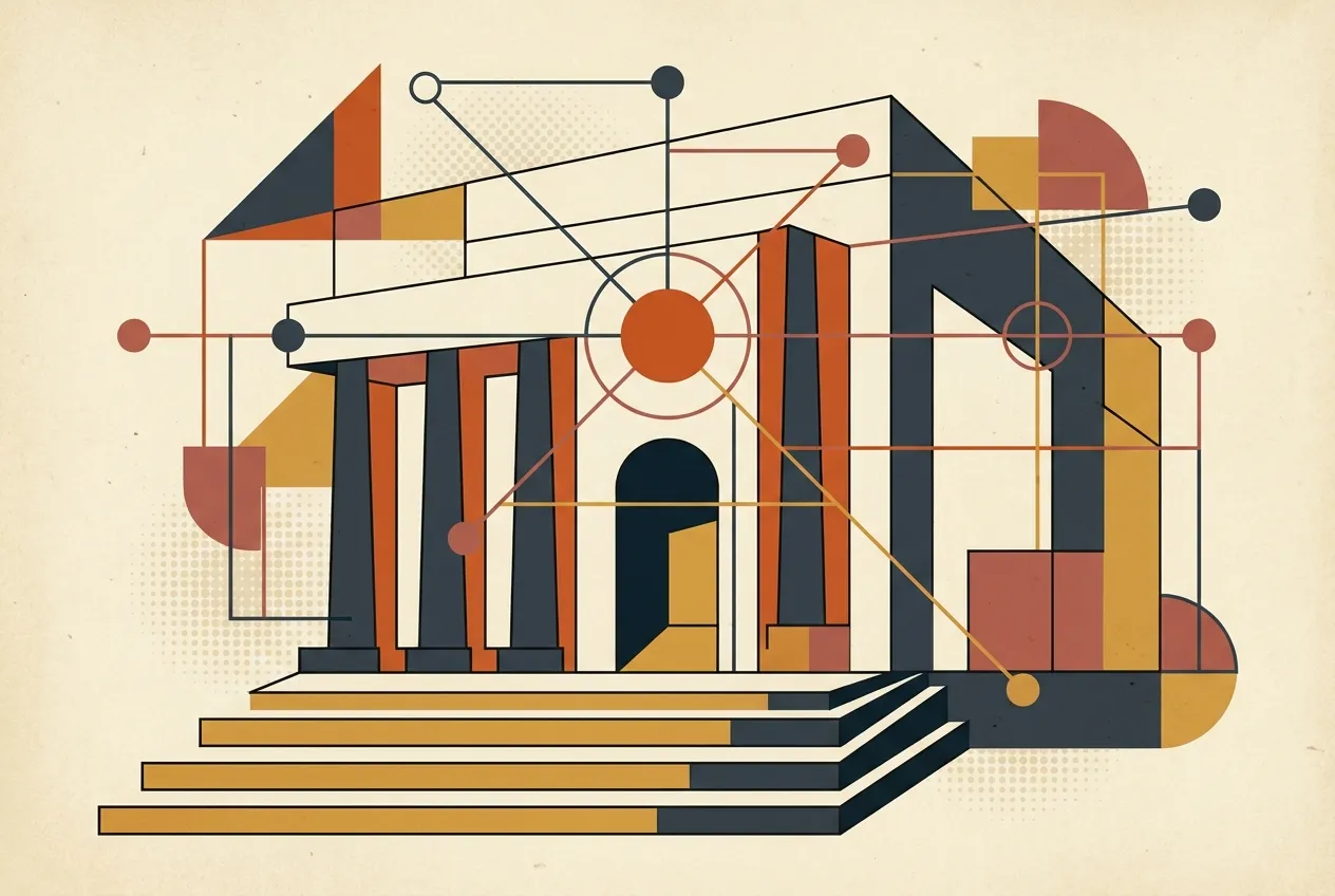 Abstract civic building with columns linked by a network of nodes