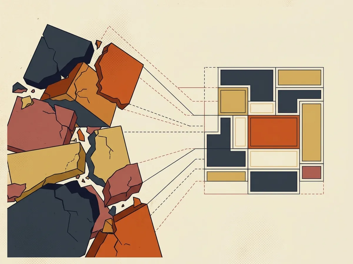 Cracked legacy blocks mapped to a clean modular grid